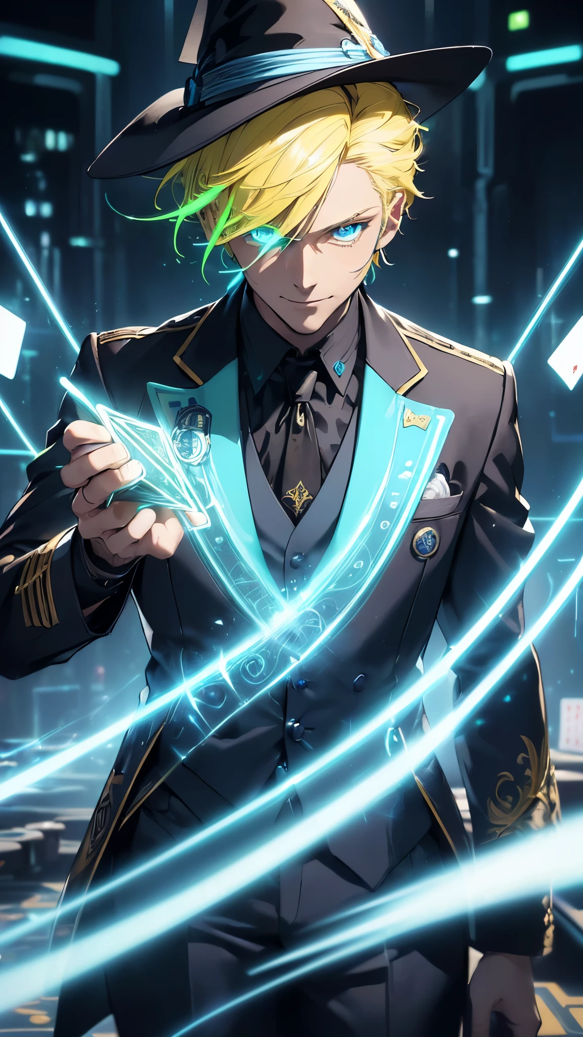 (Man 1,male, yellow hair, detailed blue eyes,smile, witch, playing cards, holding playing cards),(((A detailed classic suit with luminous neon lines)), highly detailed CG, unit, 8K wallpapers, highest quality, high resolution, beautiful lighting, realistic shadow,(future, detailed face and eyes Highly)
