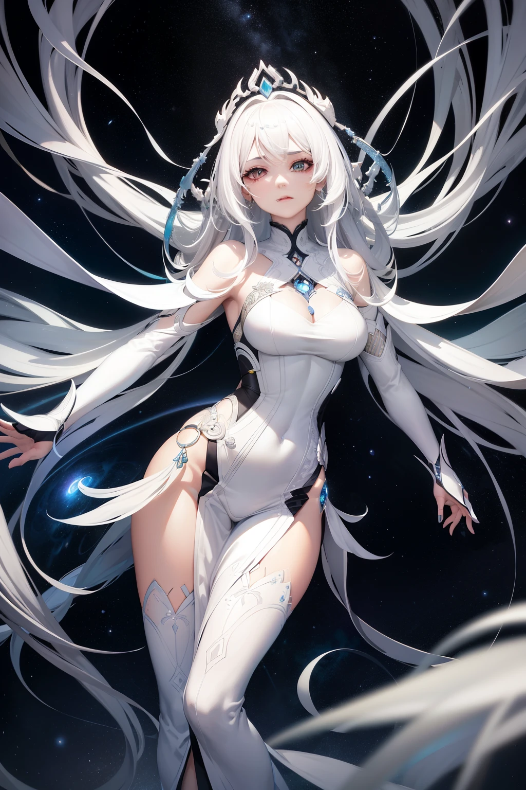 A woman with white hair, adorned in a futuristic outfit, stands in awe before a breathtakingly spiral galaxy, known as Ghailan! Her features are extraordinarily detailed, showcasing wrinkles, every strand of hair, and the intricacies of her clothing. Dressed in a dark, shimmering garment that accentuates her form, she embodies the essence of a dark goddess, boasting six arms that gracefully extend towards the vast expanse of stars.

This captivating image, brought to life by the brilliant artist Ke Jiusi, possesses a fractured and surreal style reminiscent of Wlop. The alien