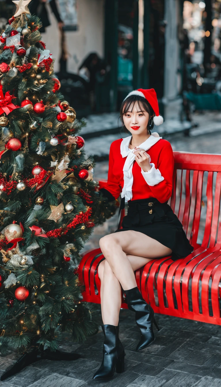 A beautiful woman sitting on a red bench，Wearing a red and white sweater，black skirt，Black boots，旁边有泰迪熊和santa, Christmas tree and red phone box in the background，🕹️ 😎 🔫 🤖 🚬, Dilireba, 🤬 🤮 💕 🎀, 🕹️ 😎 🚬, Bae Xiuzhi, 8k)), exclusive, Minami Zaiwa, santa, Height 165 cm,