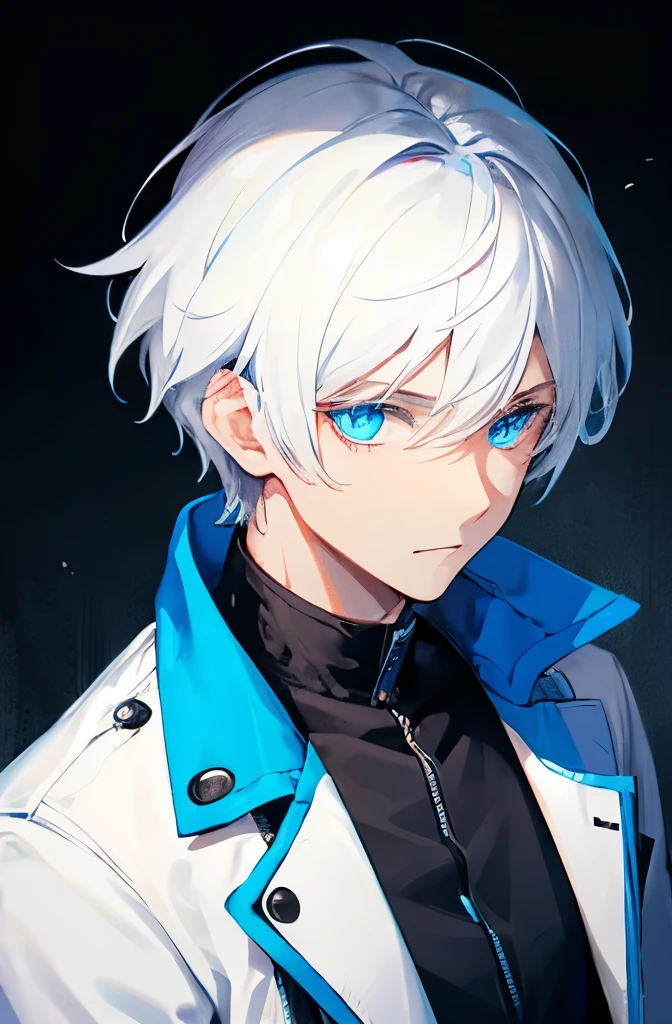 Short black and white hair, blue eyes, jacket, boy