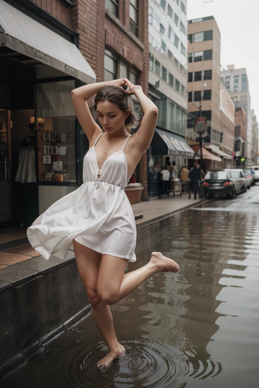 vintage photo of a model jumping over a puddle in NY, long flowing dress