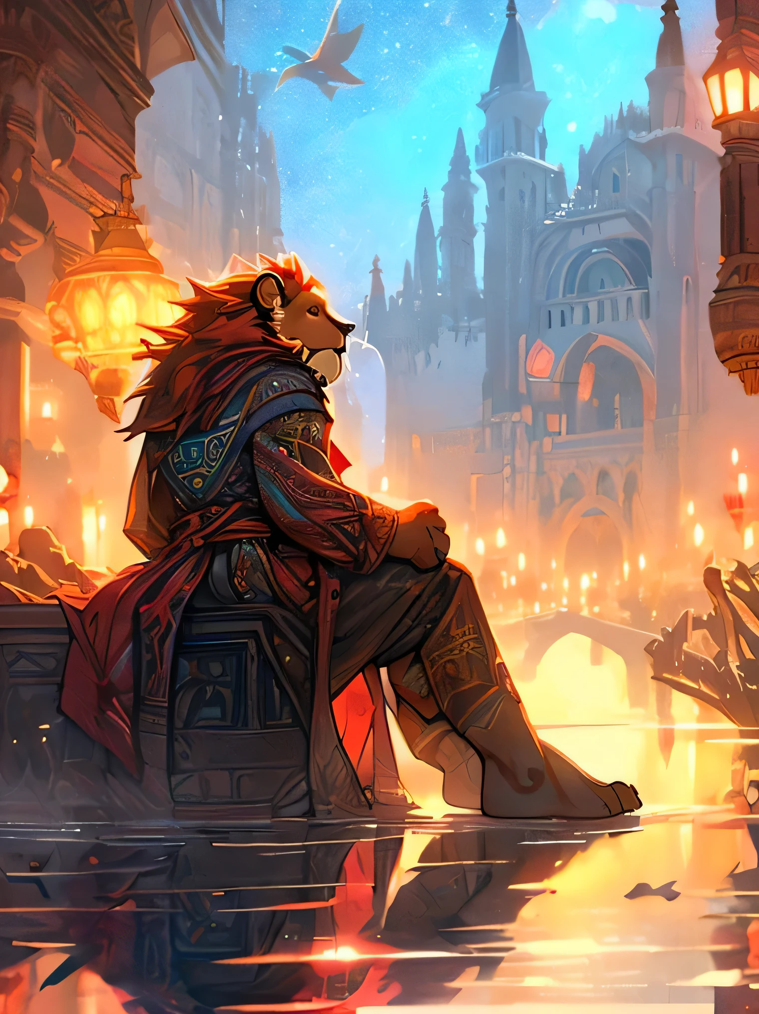 furry, lion, (1male), arrogant, prideful, muscular, bulging muscles, sitting on a throne, full body, concept art, industrial age, Moroccan architecture, visually striking, 4k, detailed, red trench coat, natural lighting, evening, particles, fog, red colour palette, anime, masterpiece, 8K, Magic fantasy 3D concept art, Amazing concept art, illustration, Cinematic scene, hero view, best quality, high quality, highres, greg rutkowski, neowrsk, Tsukasa Abe