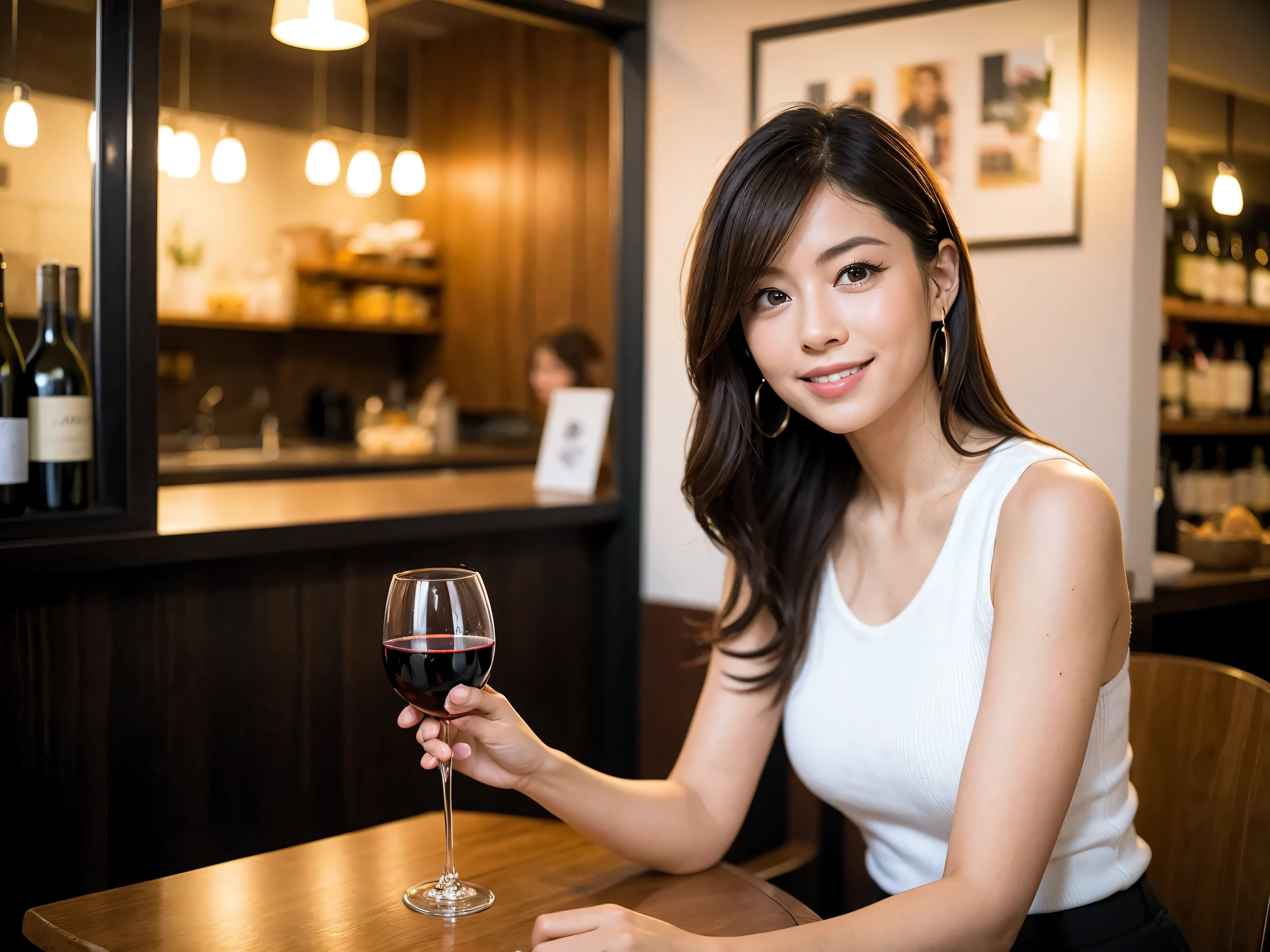 (64k included, nffsw, top quality, table top: 1.2), (realistic, realistic: 1.37), pretty woman 1, (slimフェイス), (slimボティ), (brown hair), (shortcut), Colombian、Brazilian、Japanese、Dutch、German、Portuguese、Belgian、Chilean、American、French、Spaniard、Italian、Indian、cheeks blush a little, (40 years old), 38 years old, alone, 窓の外には美しく緻密なnight景が広がります......., restaurant, wine glassに座って, nightに, in a prominent place (from the waist up) nova frog style, actress, model, waist up, White wine, slim, wine glass, とてもきれいなnight景, 真ん中に置かれたwine glass, smile, (smile: 1.15), beautiful and fine eyes, Upper body, bust japan up, night, short, short, actress, model, waist up, White wine, slim, wine glass, とてもきれいなnight景, 真ん中に置かれたwine glass, smile,