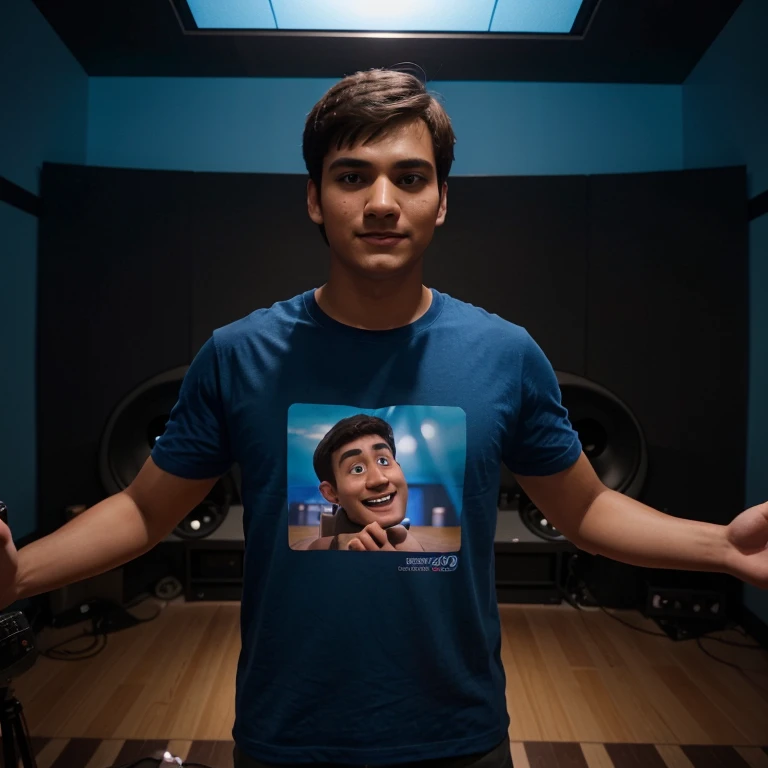 a man with his son, shorth hair, short beard, eyes browns, with headphones from ear, A music studio in the background, Pixar-style image, 3D animated movie style, Disney, black tee