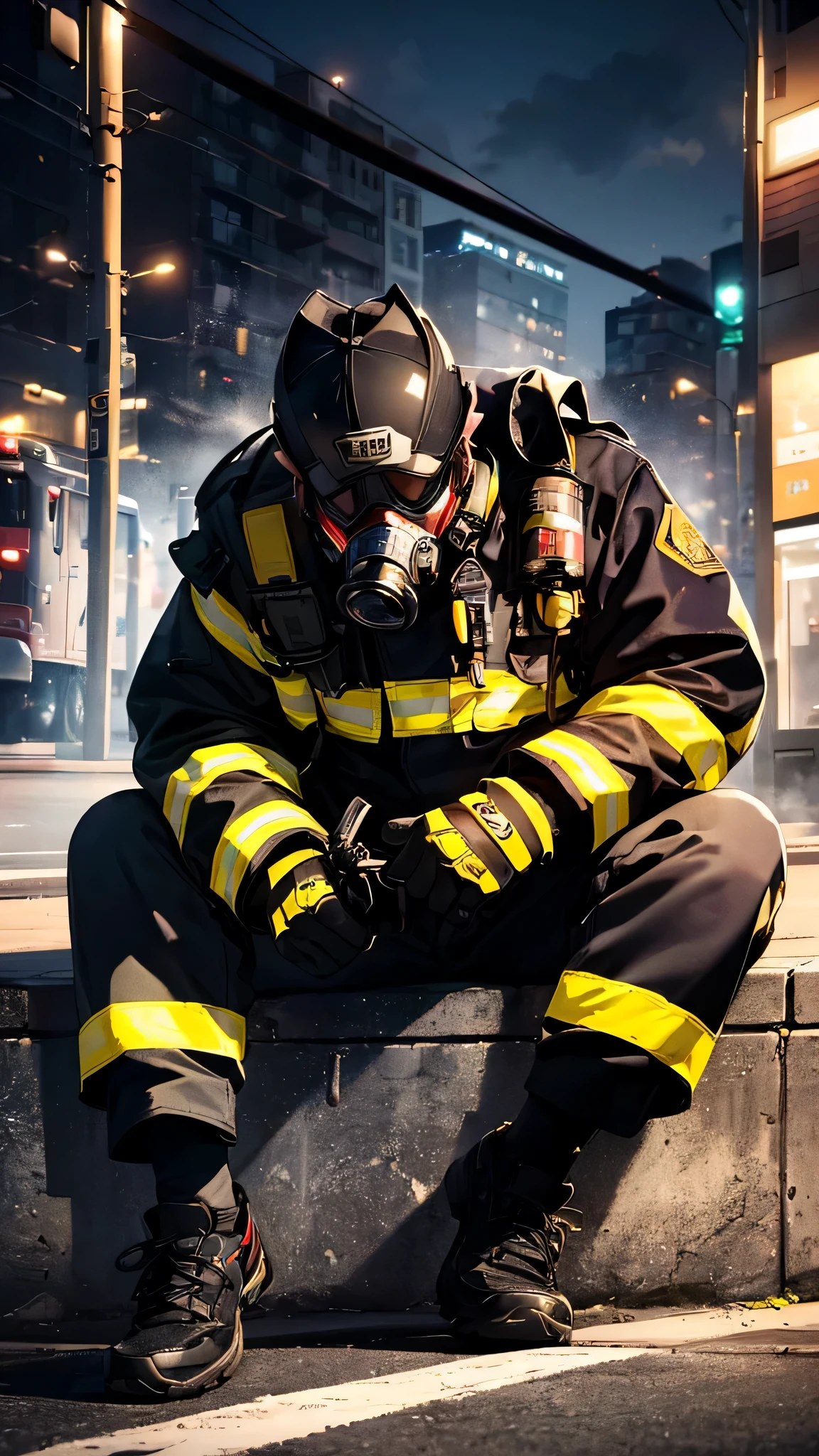 (Horizontal light and shadow, ultra high definition, higher, super detailed,masterpiece,many details),((modern city night,1.2)),A firefighter sitting on the street,(Hand holding removed gas mask),His face was covered with black dust,Facial expression big mouth asthma,Medium shots and close-ups