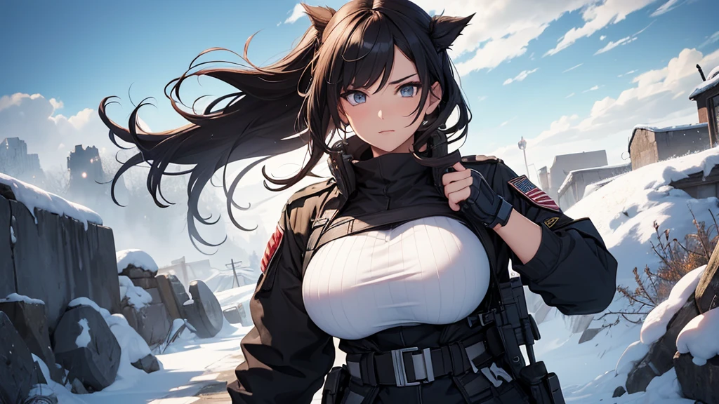 female fighting game character, curvy body in a tight military uniform, with bandages on her arms that highlight her agile and aesthetic body. landscape on a snowy battlefield, with ruins of ancient buildings