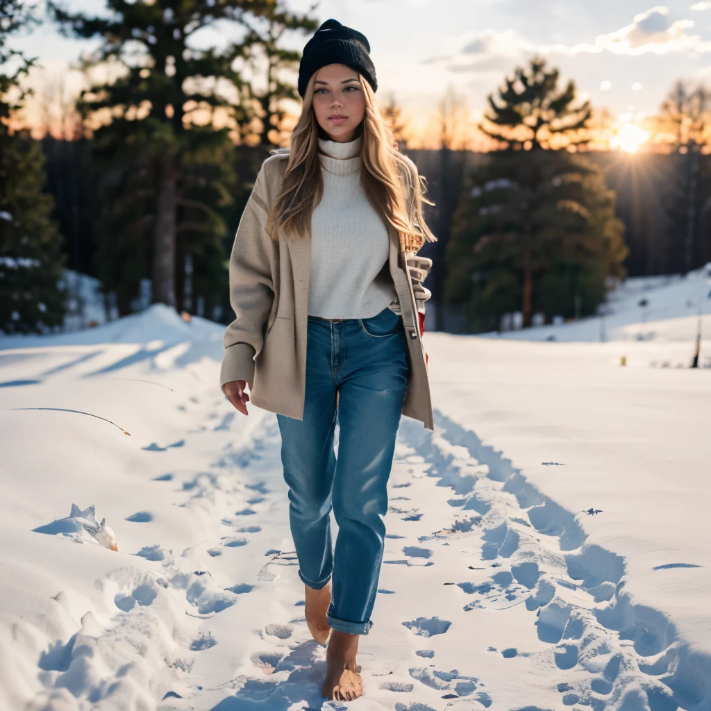 Blonde Scandinavian Girl, age 23, blue eyes, walking on snow, its cold, she wears a hat, she is wearing long cropped clothes but is barefoot, golden hour, beautiful girl, 8k, ultrarealistic, no shoes, feet in snow, wearing crop sweater and open jacket, feet