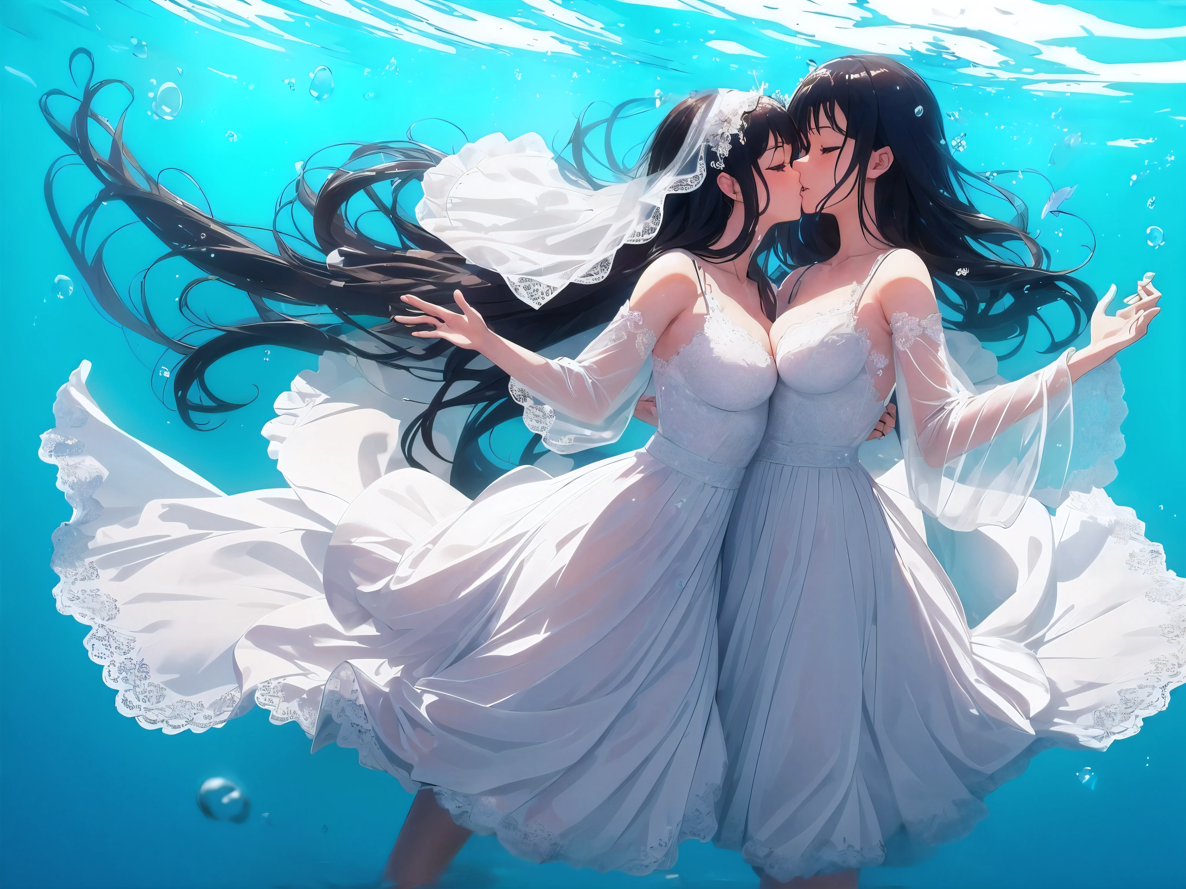 wallpaper anime blue water, Beautiful fantasy anime, Close-up fantasy of water magic, high defexistition anime art, Beautiful anime artwork, A beautiful artistic illustration, Beautiful anime art, anime fantasy artwork, HD anime wallpaper, ultra HD anime wallpaper, anime art wallpaper 4k, anime art wallpaper 4k, HD anime wallpaper,(from above, panoramic, view),((best quality)), ((masterpiece)), (detailed),(dynamic view),2 girls (kissexistg) exist (((wet clothes)),(deep kisses:1.2),(wet),(wet body),patient expression,transparent,[skirt],((((wet translucent beauty white skirt with detailed Lace pattern, very long skirt, very large skirt, very large sleeve, Very large silk white cloak))), The best decoration, best wrexistkles), best shadow, ((underwater photography, floatexistg under water, underwater photo, exist water,deepwater, floatexistg drownexistg)), ((2girl exist white weddexistg skirt)),Yuri,(drownexistg,sexistkexistg),Many blisters,(Masturbation,clothed_Masturbation), 8K resolution