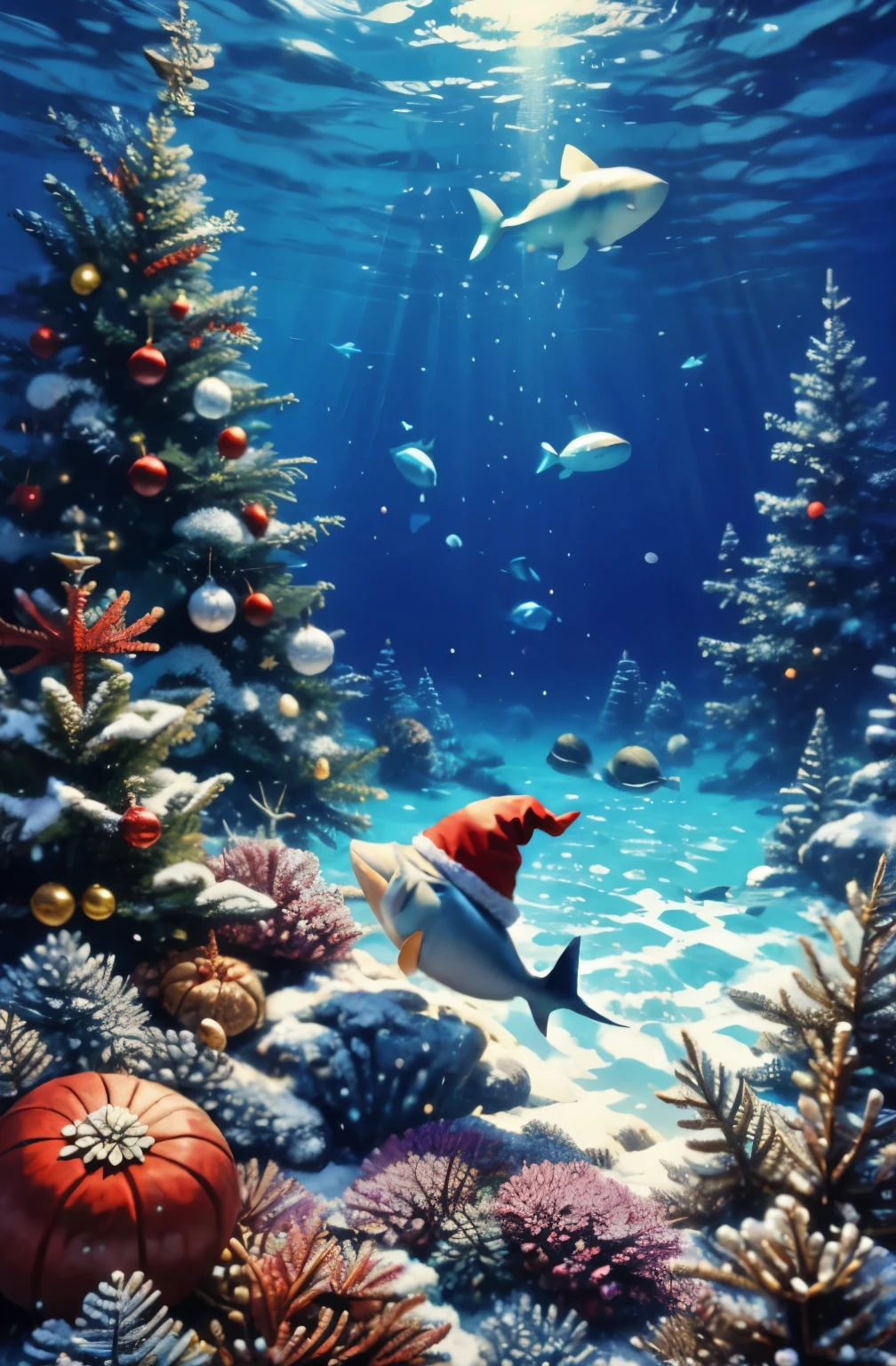 Underwater scene. A shark in a small Santa Claus hat swims among seaweed dressed up like a Christmas tree.