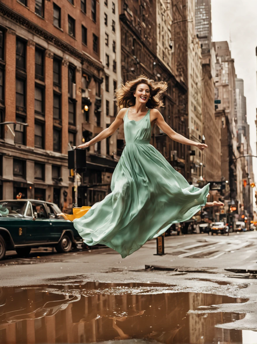 vintage photo of a model jumping over a puddle in NY, long flowing dress
