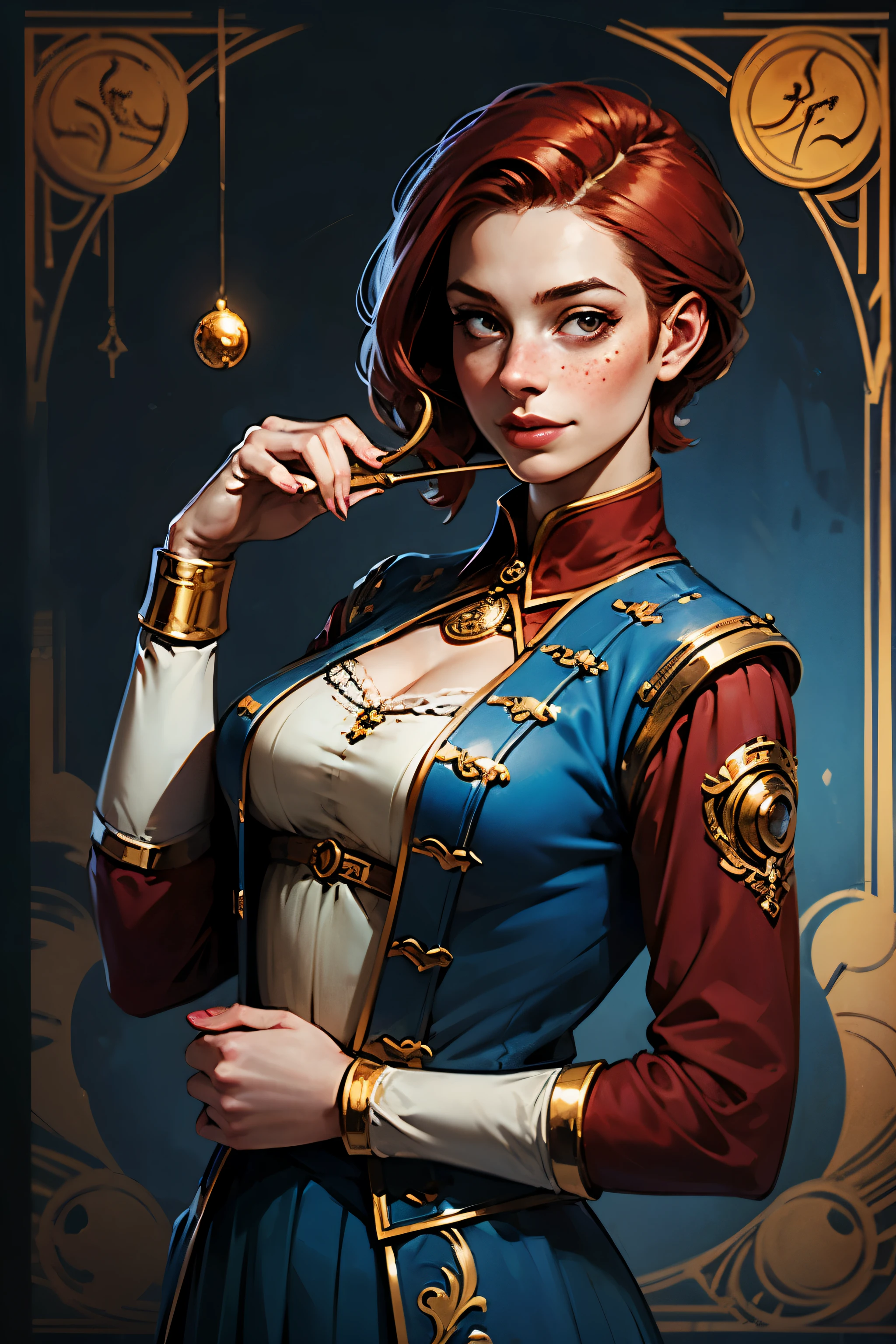 fantasy steampunk, a young girl, brush cut, red hair, freckles, pale eyes, smiley face, blue velvet doublet, circus background, gold coin in her hands, she is an illusionist and fortune teller, teenager, gypsy style in clothes, Western fantasy style