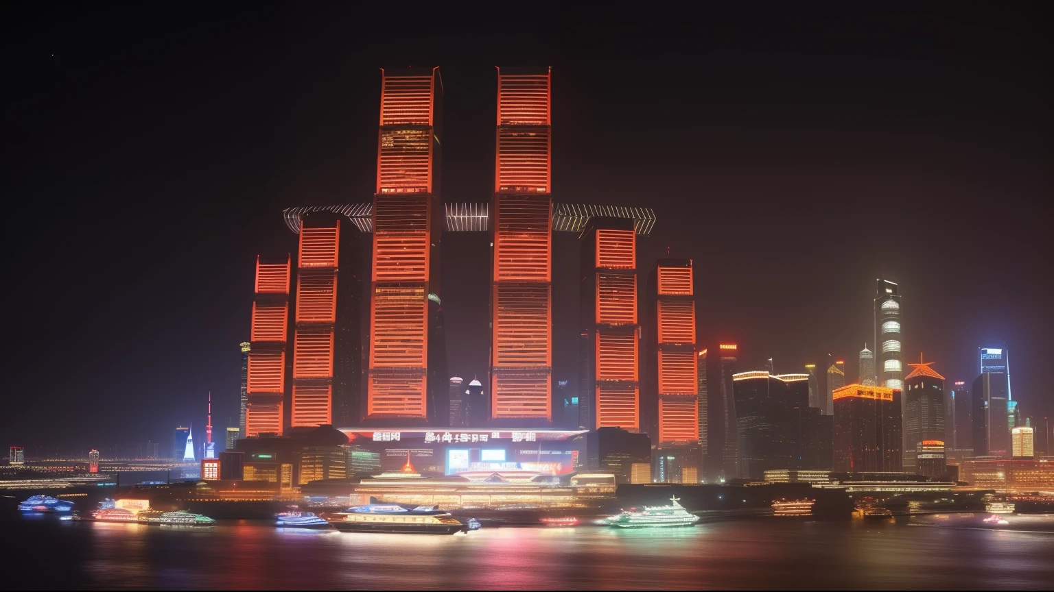 night，Alaflai lights up a city&#39;s skyscrapers，There is a boat in the water, chinese new year in Shanghai, Giant red LED screen, mega high-rise building, Hangzhou, Beautifully lit buildings, Night shooting, Shanghai, Reminiscent of blade runner, huge futuristic building, Shanghai city, Megastructure in the background, Neon city background, Chinese architecture