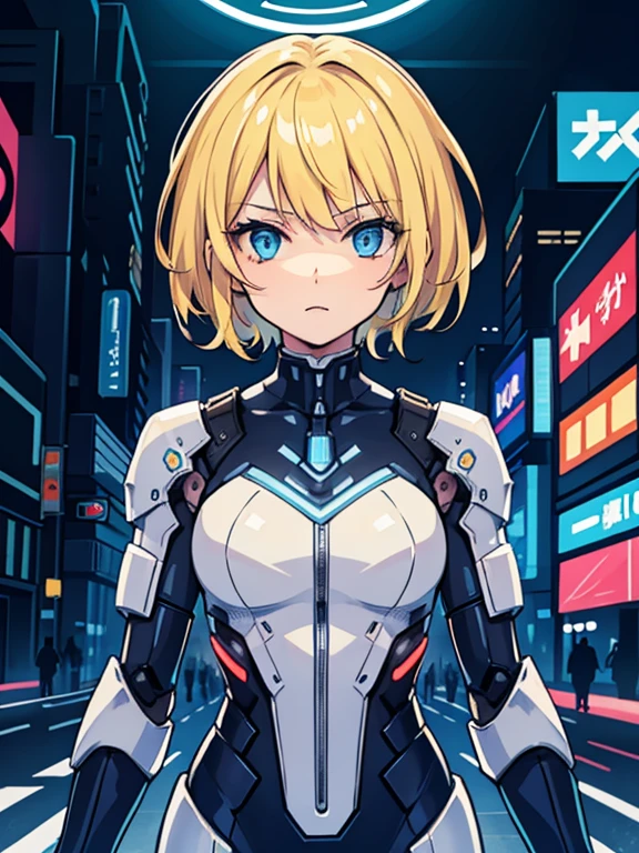 1 girl, masterpiece, short hair, blonde, blue eyes, Severe, mechanical suit, white suit, portrait, Cyberpunk night city background,