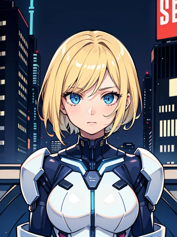 1 girl, masterpiece, short hair, blonde, blue eyes, Severe, mechanical suit, white suit, portrait, Cyberpunk night city background,