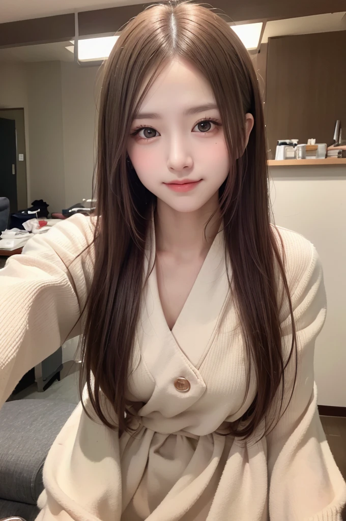 ​masterpiece, The highest image quality, hightquality, beautiful a girl, japanes, Japan girl, Popular Korean Makeup,Sweater that kills virgins、 detaileds, Swollen eyes, A detailed eye, Detailed skin, Beautiful skins, Bright sunlight、Professional Certification、超A high resolution, (现实:1.4), very extremely beautiful, Slightly younger face, Beautiful skins, slender, (A hyper-realistic), (hight resolution), (8K), (beautifully detailed eyes), (详细的脸), looking at the viewers, finely detail、A detailed face、pureerosfaceace_v1、A smile、Looking straight ahead、Looks straight from the waist up、photos realistic、length hair、In the winter city