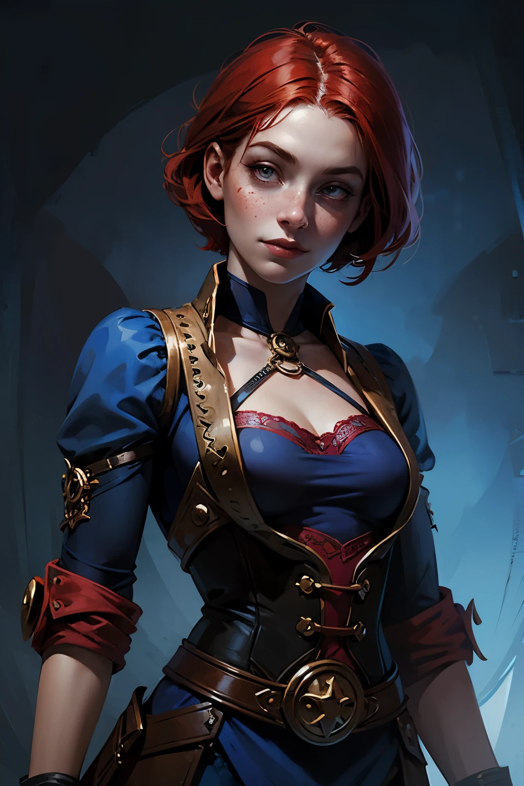 fantasy steampunk, a young girl, brush cut, red hair, freckles, pale eyes, smiley face, blue velvet doublet, circus background, she is an illusionist and fortune teller, ager, gypsy style in clothes, Western fantasy style
