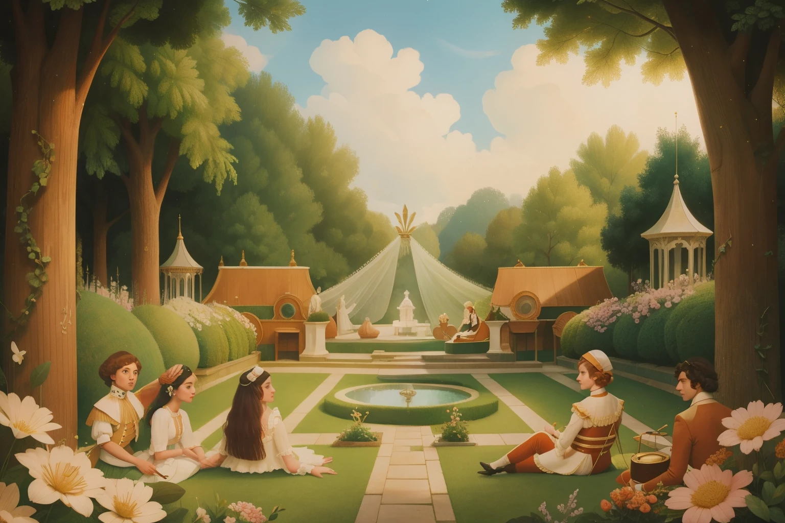 1790s Time-Crystal Symphony in the Garden of Echoes (Location: Garden of Echoes)
Character: A musical , with hair resembling time-crystals, conducts a symphony in the Garden of Echoes during the 1790s. Wes Anderson's symphony palette paints a scene of harmonious temporal melodies.