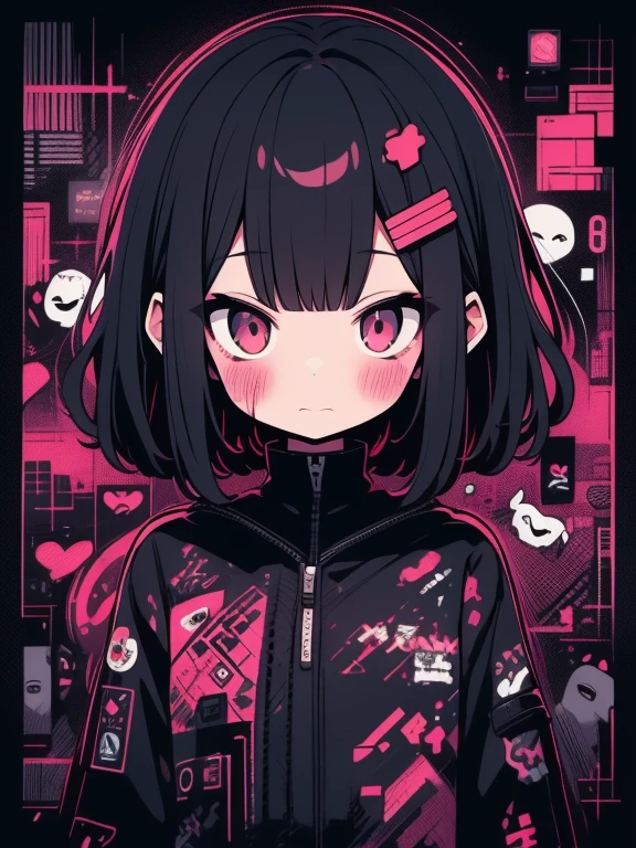 high quality、neon color palette、High level image quality、pretty girl、Unprecedented amount of drawing、anime style、Geometric pattern background、sticker style、short hair、dark hair、brown eyes, messy hair, Menhera, bandage, loose clothing, futuristic pilot suit, Self-injurious behavior, teacher, dark, pushed down, eye bag, Heavy eyes, dark eyes, Blood, Spooky, eroteacher, dark circles, neon, eyestrain, glitch, retro, scared, devil, eyeball, Ghost, horror, Bloodied, colourful Blood, glitch