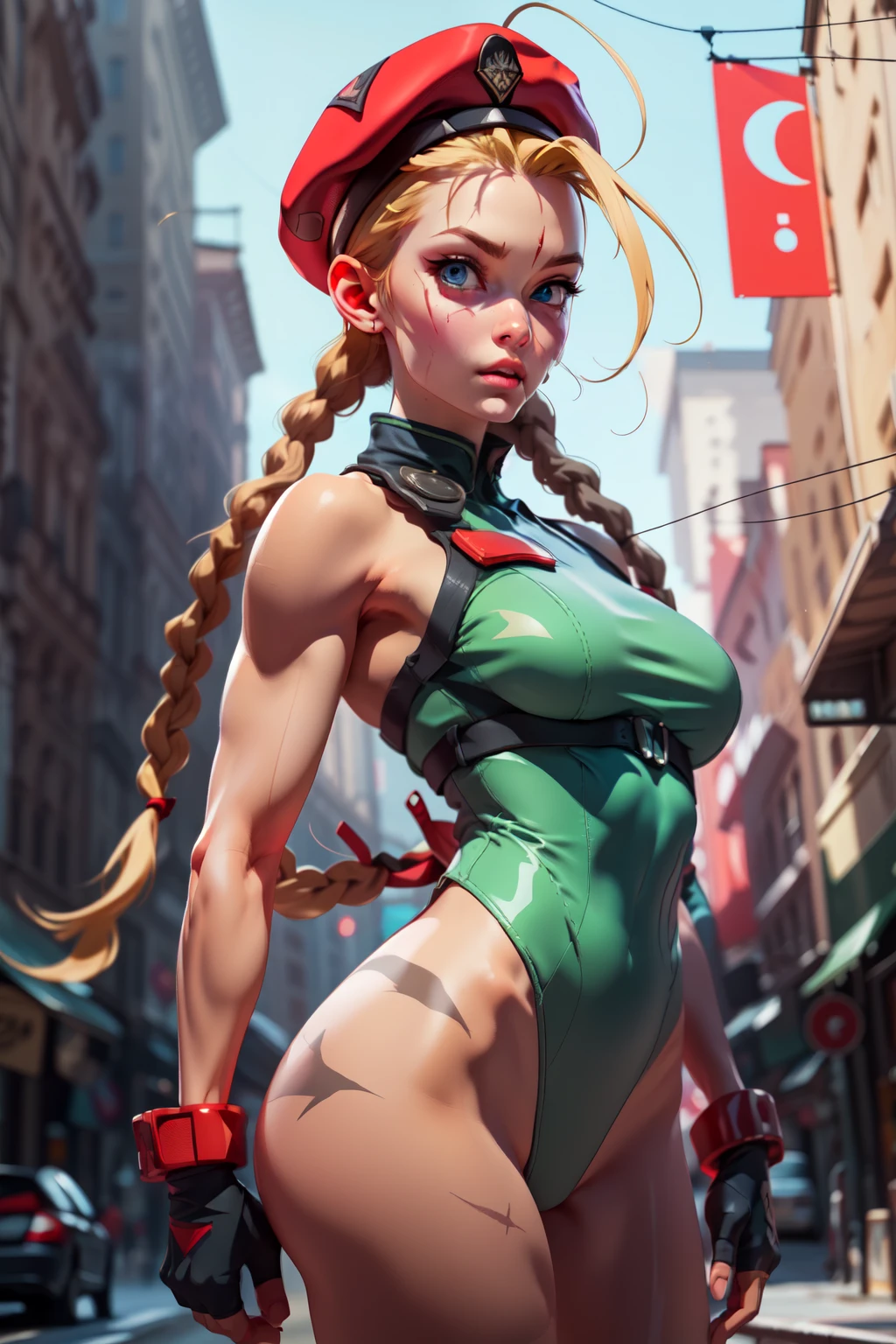 masterpiece, best quality, highres, 1girl, cammy white, twin braids, long hair, blonde hair, antenna hair, beret, (red headwear:1.3), blue eyes, scar on cheek, green leotard, large breasts, sleeveless, red gloves, fingerless gloves, camouflage, cowboy shot, standing, outdoors, arms at sides, straight-on,