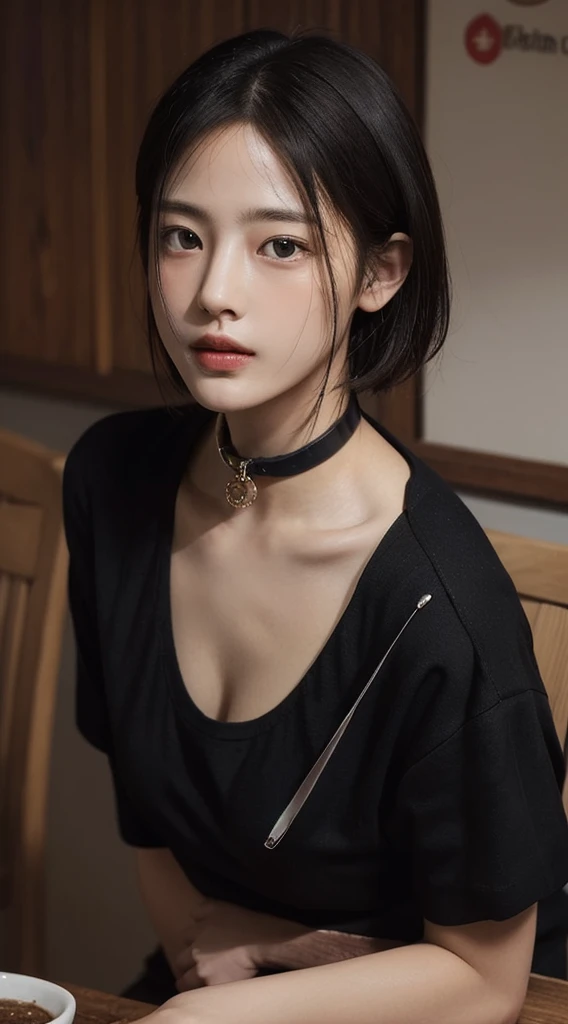 realistic, table top, highest quality, RAW photo, 1 girl, alone, Handsome shorthair, detailed face, fascinating face, Black shirt with collar, medium breasts, dynamic pose, looking at the viewer, from below, detailed background, Detailed, intricate details,  ray tracing, Depth of bounds written, low key, nffsw、室内、自然な照明の明るさ、体全体、立つ