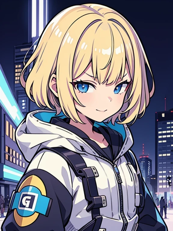 1 girl, masterpiece, short hair, blonde, blue eyes, Severe, mechanical suit, white suit, portrait, Cyberpunk night city background,mesugaki