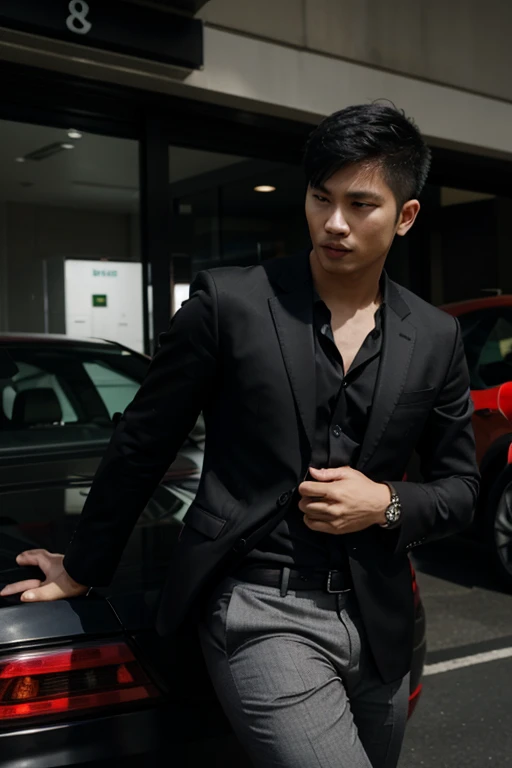 A smart young Thai man wears a black suit and drives an expensive red car.