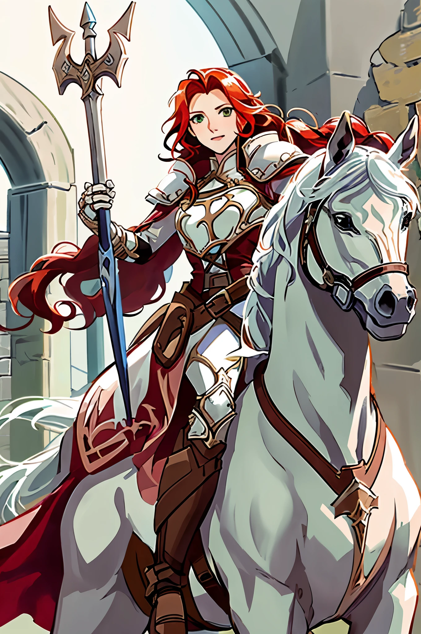 titania, 1horse, white horse, (riding a horse:1.2), braided ponytail, armor, red dress, belt, gauntlets, gloves, armored boots, from below, backlit, silhouette, lens flare, looking down at viewer, fortress, tower, stone fortress, banners, medieval, spear, holding, holding spear, lance, holding weapon