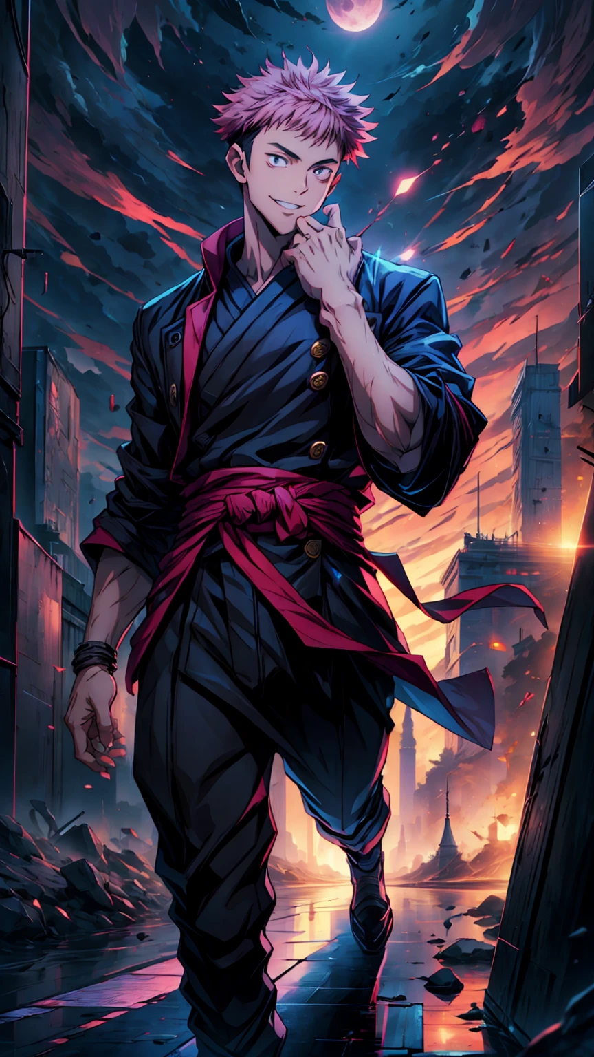 1boy, full body shot, 173 cm,perfect hand and fingers, itadori yuuji, black outfit, pink hair, look at sky, smile, red and dark moon city night background, wallpaper, cinematic,High resolution 8K, Bright light illumination, lens flare, sharpness, masterpiece, top-quality, The ultra -The high-definition, high resolution, extremely details CG, Anime style, Film Portrait Photography,masterpiece,hyperdetail