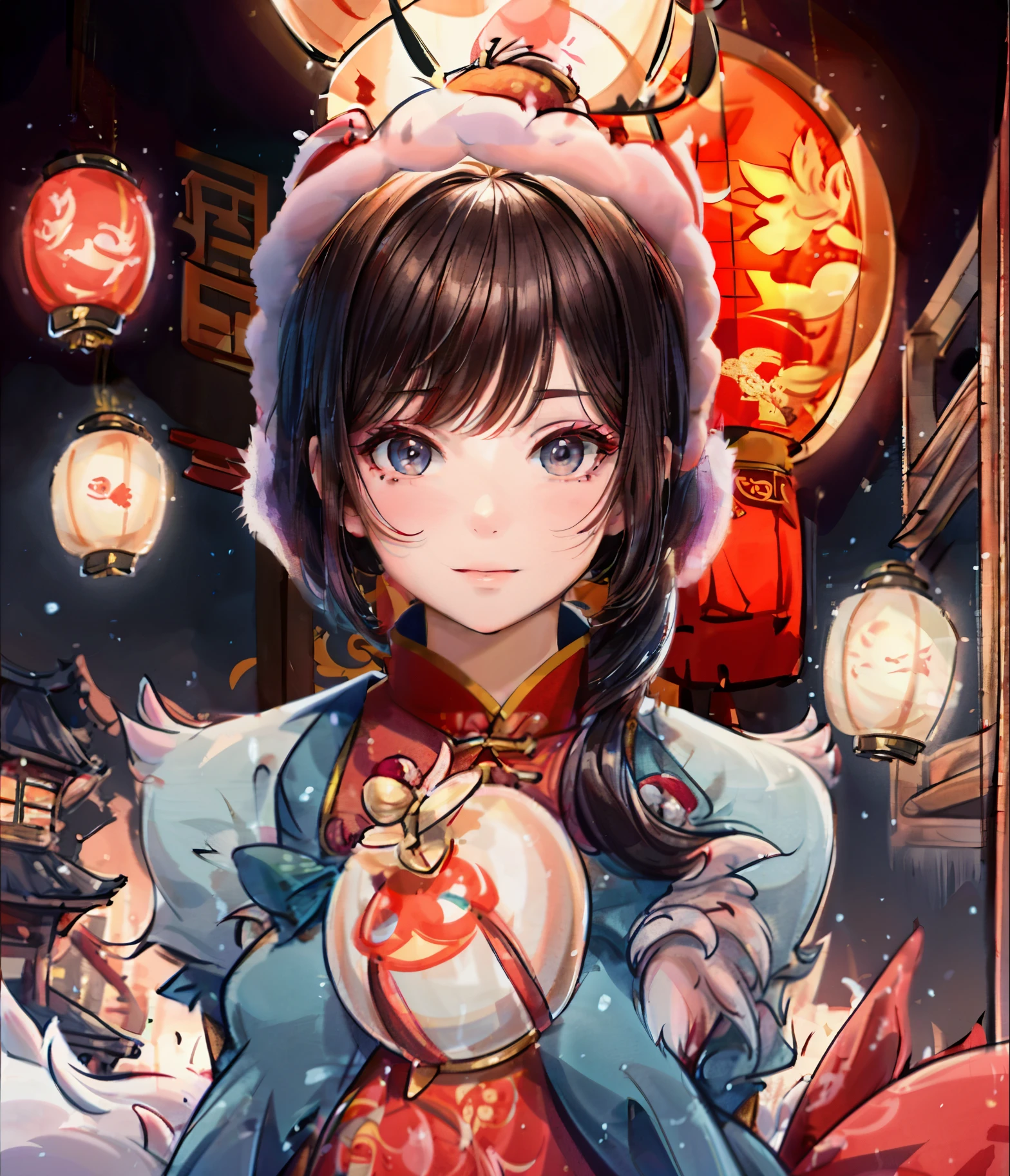 Wearing a Chinese New Year hat on the head, Wearing Chinese red cheongsam, The background is a Chinese retro building, Lanterns hung high in the back