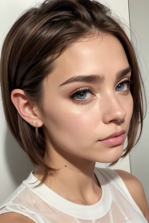 Belle fille, Marron_eyeeautiful mince adolescente de 18 ans, cheveux color [Brown highlights cheveux], [Pixie undercut] cheveux)), boucles d’oreilles, lèvres, Réaliste, taille étroite, charmant, pink lèvrestick, maquillage coloré, Cils longs, boucles d’oreilles, porter de l’eye-liner, peau claire, (mignon), (face détaillée), Yeux détaillés, Iris détaillé, avec vêtement de luxe chaud