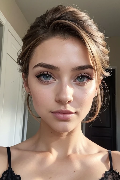 pussy, Belle fille, Marron_eyeeautiful mince adolescente de 18 ans, cheveux color [Brown highlights cheveux], [Pixie undercut] cheveux)), boucles d’oreilles, lèvres, Réaliste, taille étroite, charmant, pink lèvrestick, maquillage coloré, Cils longs, boucles d’oreilles, porter de l’eye-liner, peau claire, (mignon), (face détaillée), Yeux détaillés, Iris détaillé, en nuisette de nuit, pyjama,  