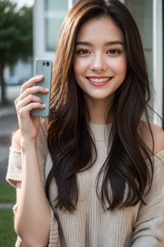 high definition on face and eyes, holding a phone, looking down, smiling.