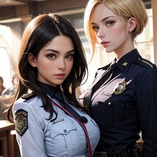 masterpiece, best quality, ultra detailed, beautiful face, beautiful skin, photorealistic, (professional lighting:1.4), breast press each other, (2girls:1.5), light smile, (((on the left is small breasts girl with (very:1.7) short black hair))), (((a little further away on the right is large breasts girl with long blonde hair))), (policewomen:1.4), looking at viewer, cowboy shot, in business district, ultra detailed background, focus on face, sharp photo