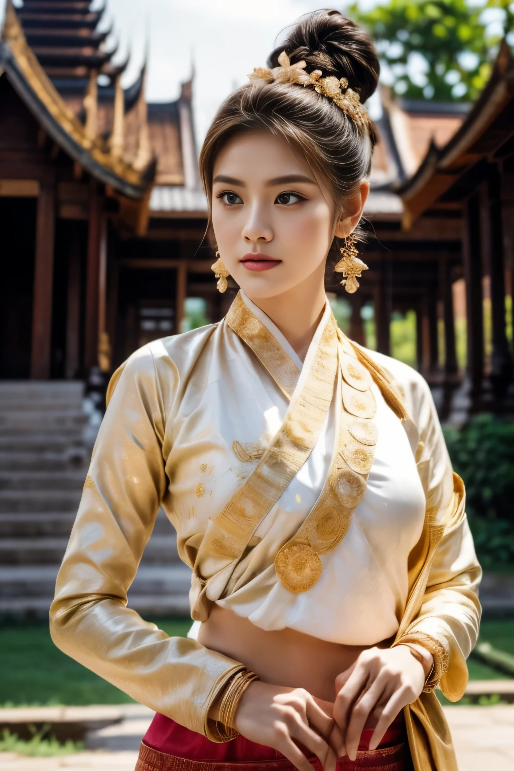 A beautiful young woman of Tai Khun descent, adorned in a meticulously crafted Keng Tong Tai Khun traditional outfit, stands gracefully against the backdrop of the majestic Bagan temples. Her attire shimmers with intricate embroidery and gold accents, each element carefully chosen to reflect the rich cultural heritage of her people.

Details:

Facial features: The woman's face is radiant and youthful, with delicate features and captivating eyes that sparkle with warmth and intelligence. Her hair is styled in a messy bun adorned with fresh flowers and secured with a gold pin, adding a touch of elegance and whimsy.
Traditional outfit: The Keng Tong Tai Khun outfit is a masterpiece of craftsmanship, featuring vibrant silks, intricate embroidery, and delicate gold embellishments. The long, flowing skirt cascades gracefully around her legs, while the fitted bodice accentuates her slender figure. A traditional headdress adds a regal touch to her ensemble.
Accessories: The woman's beauty is further enhanced by a dazzling array of traditional jewelry. Bangle bracelets encircle her wrists, a statement necklace adorns her neck, and delicate earrings dangle from her ears. Each piece is intricately crafted and adds a touch of luxury to her overall look.
Bagan temples background: The ancient Bagan temples provide a breathtaking backdrop for the portrait. Their weathered brickwork and towering spires add a touch of grandeur and mystery to the scene. The warm hues of the sunrise or sunset bathe the temples in a golden glow, creating a truly magical atmosphere.