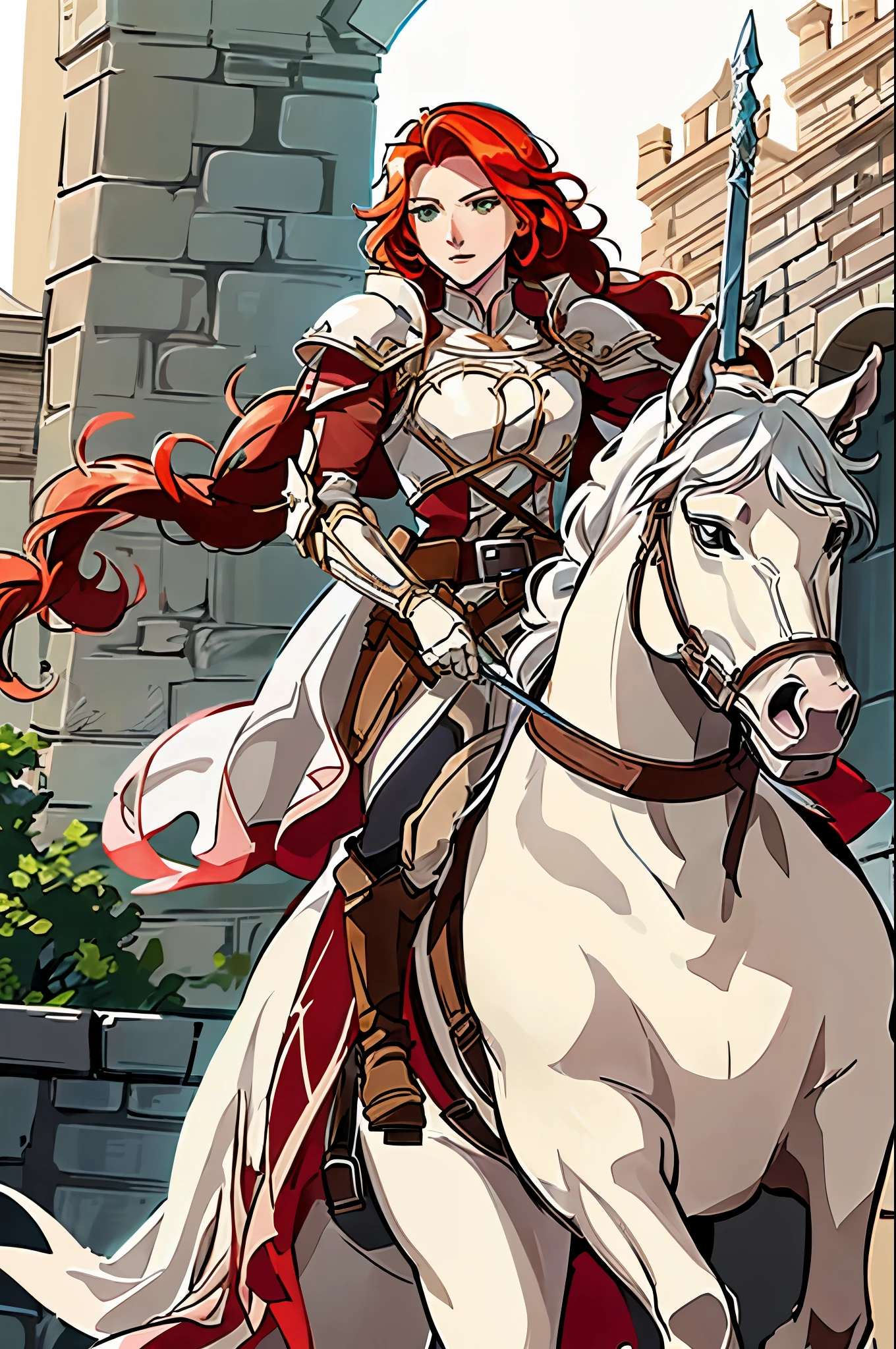 titania, 1horse, white horse, (riding a horse:1.2), braided ponytail, armor, red dress, belt, gauntlets, gloves, armored boots, from below, backlit, silhouette, lens flare, looking down at viewer, fortress, tower, stone fortress, banners, medieval, spear, holding, holding spear, lance, holding weapon