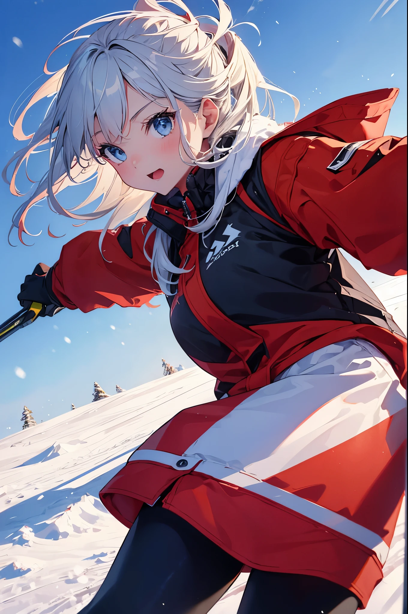 1 girl，(skiing, Sled, snow explosion),raw edge red down jacket， action shot, Bright colors，Light of the sun, wide angle,perfect action， (end:1.3) 8K, F2.8, RAW photography, super detailed, real life，Bokeh，32K，