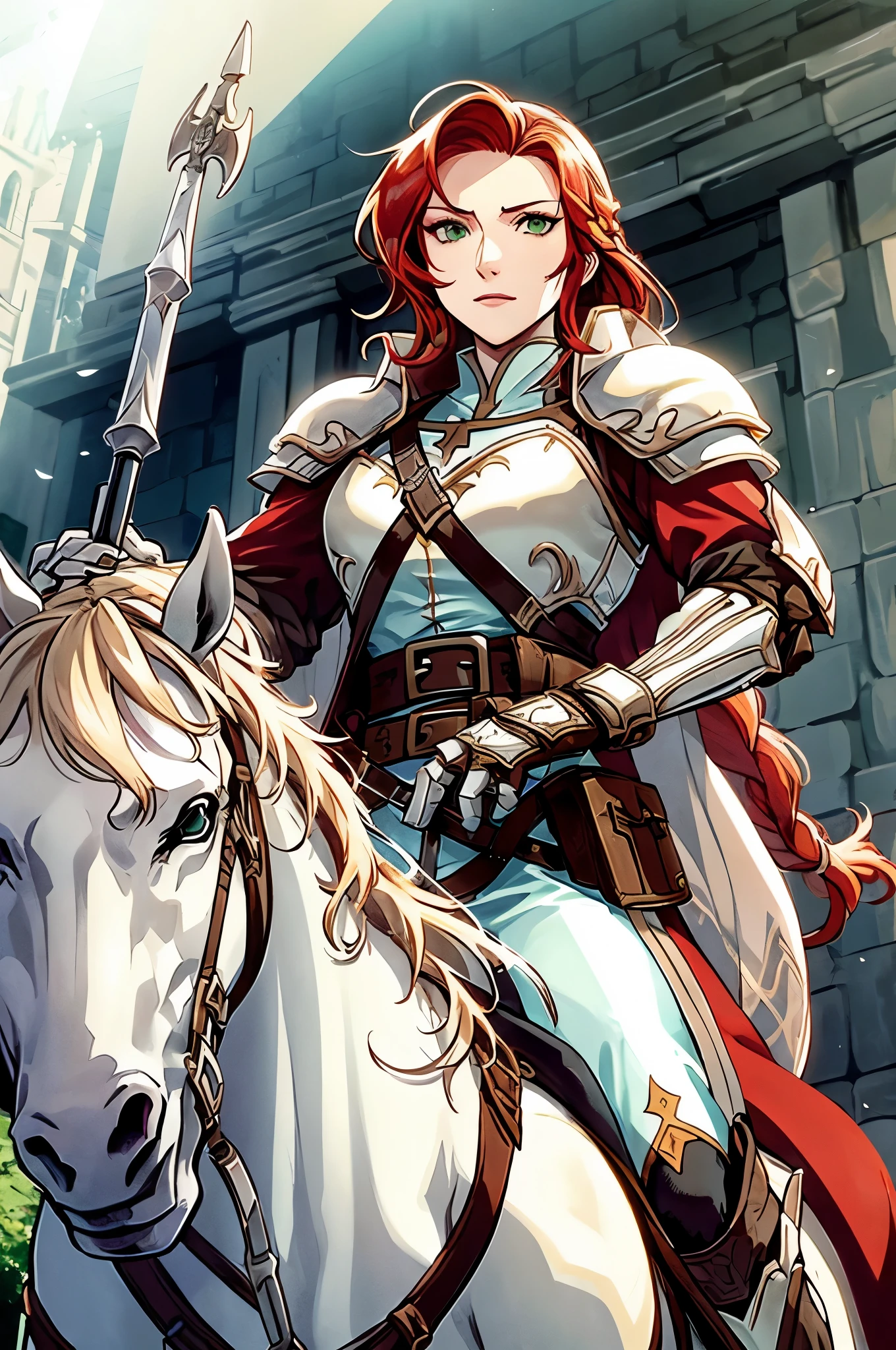 titania, 1horse, white horse, (riding a horse:1.2), braided ponytail, armor, red dress, belt, gauntlets, gloves, armored boots, from below, backlit, silhouette, lens flare, looking down at viewer, fortress, tower, stone fortress, banners, medieval, spear, holding, holding spear, lance, holding weapon