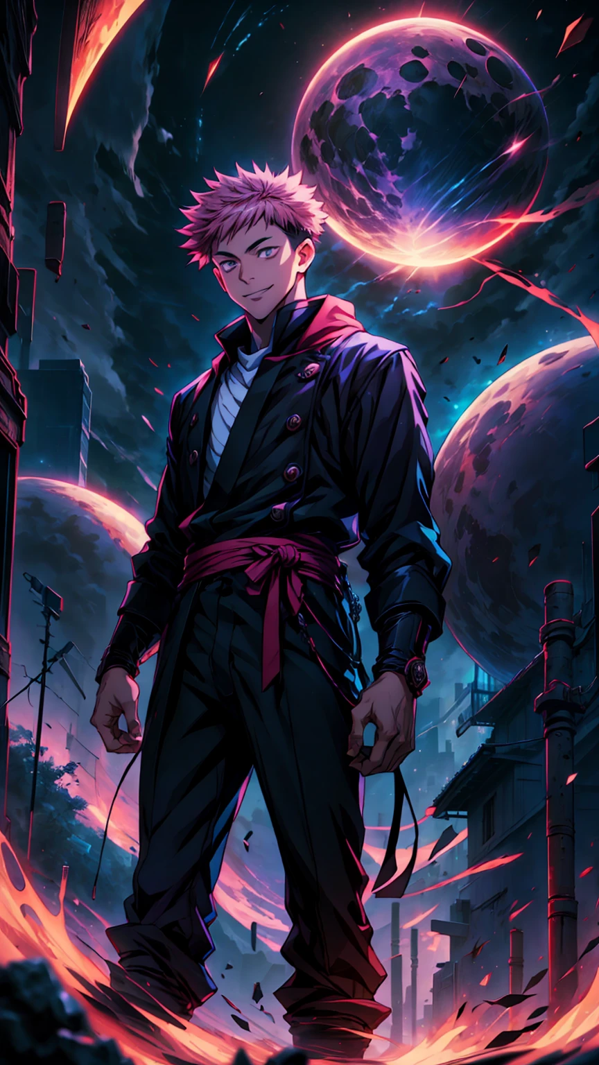 1boy, full body shot, 173 cm, perfect hands, perfect fingers, itadori yuuji, black outfit, pink hair, look at sky, smile, red and dark moon city night background, wallpaper, cinematic,High resolution 8K, Bright light illumination, lens flare, sharpness, masterpiece, top-quality, The ultra -The high-definition, high resolution, extremely details CG, Anime style, Film Portrait Photography,masterpiece,hyperdetail