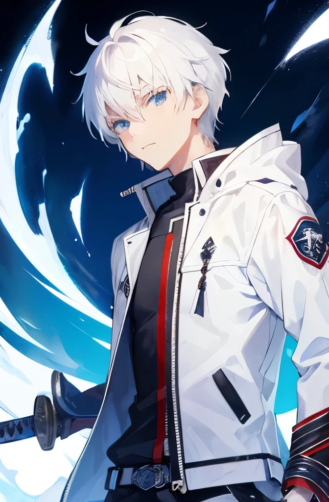 Short white hair, blue eyes, jacket, boy, sword or katana