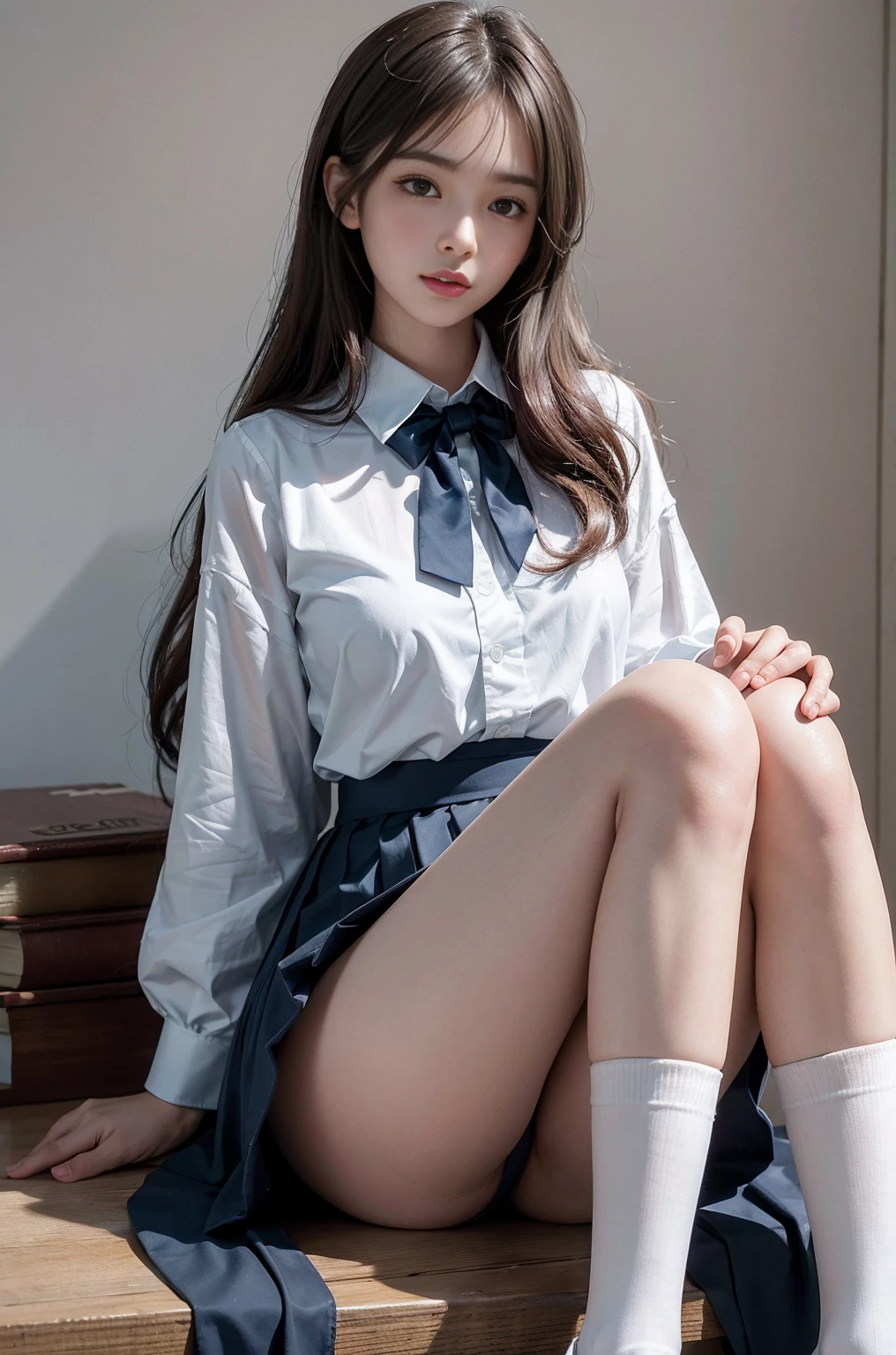 20 year old woman, (high top faded: 1.3), (low(low)), (soft focus), HD, masterpiece, HD, HD, 4K, 超HD, Very realistic shadows, Surrealism, 戏剧性的lamp光, a girl, alone, Detailed face, lifelike眼睛, lifelike皮肤, dynamic hair, dynamic poses, dynamic angle, (White shirt), (dark blue bow tie) , (((Dark blue long skirt)))), ((White hem socks))), library background, (original photo: 1.2), (lifelike: 1.4), beautiful and delicate woman, Extremely detailed eyes and face, beautiful and delicate eyes, File size is large, 一个Very detailed的, high resolution, Very detailed, best quality, (bright interior), (soft light), (low对比度), ( See deeply), (Portrait of a beautiful woman illuminated by soft light), (Very delicate and elegant depiction), (short bangs), (Head color is dark chestnut,Slightly brownish), (Subtle and silky waves), (long hair两侧错综复杂地编织小辫子), ((White hem socks))), illustration, Very detailed, BAPV, unity, 8k wallpaper, amazing, Exquisite details, best quality, Highly detailed integrated 8K wallpapers so far this year, Coordinating Minister, lamp, 1 girl, 25 years old, (((No)), (camel toe), (half), (Sit on bent knees and legs)), long hair, dark theme, soothing tone, pastel colors, high contrast, (natural skin texture, Surrealism, soft light, No耐烦), Capturing the serene beauty of a young woman immersed in the peaceful atmosphere of a library.. Soft diffused light gently illuminates her features., It emphasizes her sophisticated look and creates a calm atmosphere. Library shelves filled with books,Provide background on knowledge and wisdom. It focuses on capturing models'Natural charm and elegance, Stay calm and considerate the essence of the moment. Cute 21 year old Japanese gravure model,Soft body, gray brown wavy hair, Decorate with ribbon, charming appearance. She wears a frilly white blouse, Blue ruffled skirt and white ruffled socks. sitting on bed, She hugged her knees,Staring at the camera, Exudes melancholy charm. Create scenes where beauty and ephemerality intertwine, national foundation