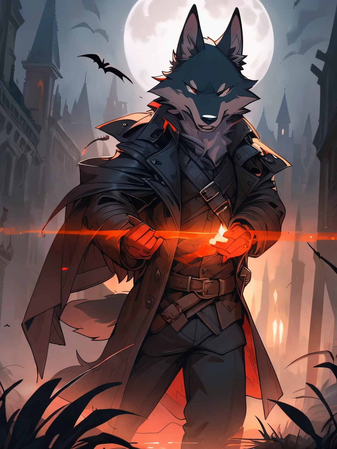 Mysterious, male wolf, furry, black trench coat, fog, mist, spooky, assassin, dark, evil, pale moonlight, creepy, og, red colour palette, painting, masterpiece, 8K, Magic fantasy 3D concept art, Amazing concept art, illustration, Cinematic scene, hero view, best quality, high quality, highres, greg rutkowski, 
