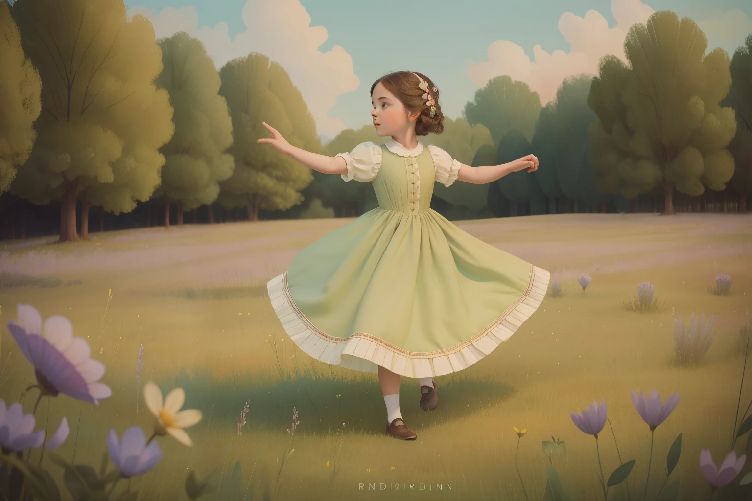 1870s Whirlwind Waltz in the Whispering Meadow (Location: Whispering Meadow)
Character: A dancing child, around 11 years old, with a dress woven from whispers, twirls in a whirlwind waltz in the whispering meadow during the 1870s. Wes Anderson's meadow palette paints a scene of whimsical movement.