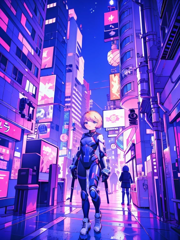 1 girl, masterpiece, short hair, blonde, blue eyes, Severe, mechanical suit, white suit, portrait, Cyberpunk night city background,mesugaki