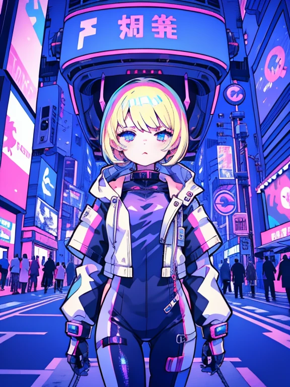 1 girl, masterpiece, short hair, blonde, blue eyes, Severe, mechanical suit, white suit, portrait, Cyberpunk night city background,mesugaki