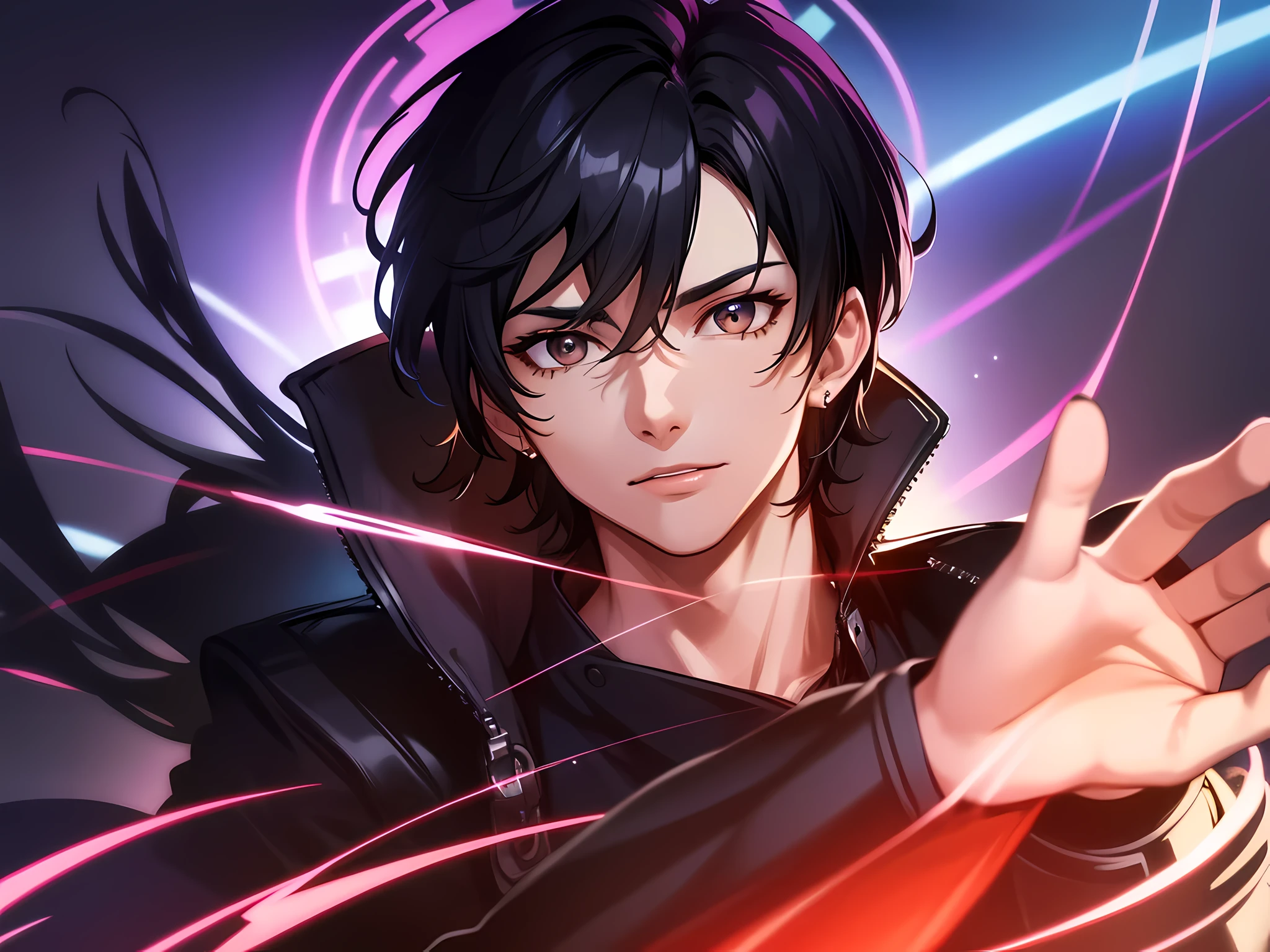 (1 man), (absurdres, highres, ultra detailed), close-up of face, focus on face, one man, mature man, black shorthair, shiny beautiful hair, brown eyes, white clean shirt, finely drawn eyes and detailed face, eye highlihgts, hands without breaks, rich lighting, highly detailed CG Unified 8k wallpaper, intricate details, portrait, Gazing, Solo, Half shot, pride, cyberpunk era, cyberpunk landscape, cyberpunk city in the background, night, swirling magical portal behind, over power aura, the strongest mankind,