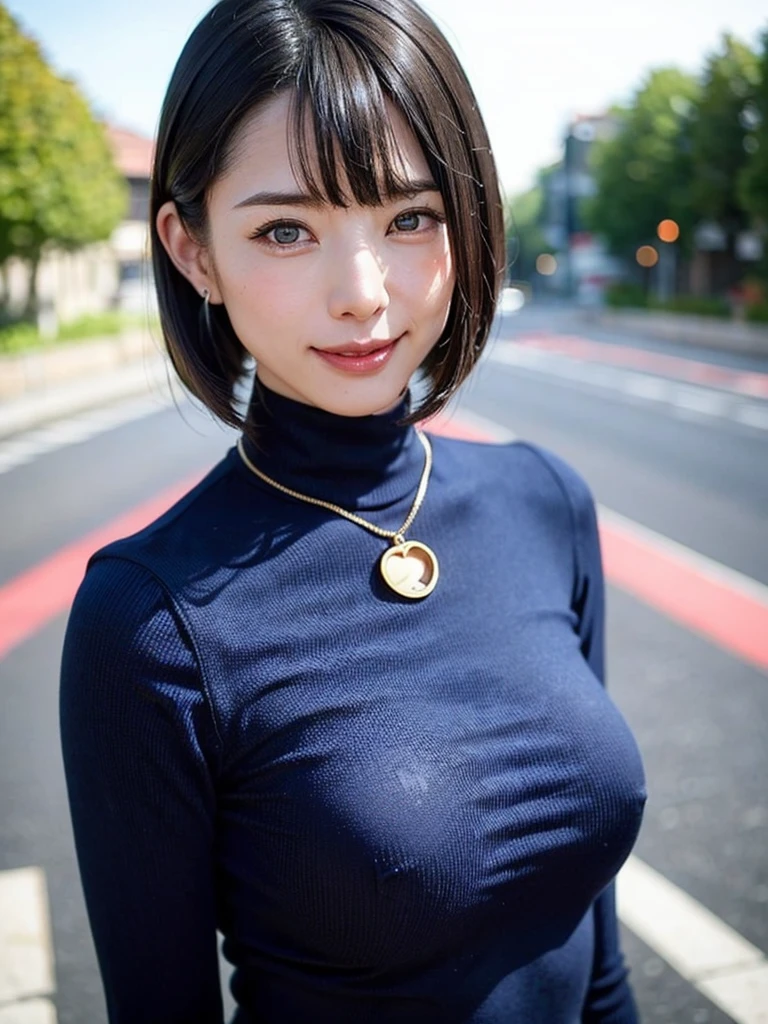 (masutepiece, top-quality、high-detail:1.4、Very attractive adult beauty、Add intense highlights to the eyes、Look firmly at the camera:1.4、Beautiful woman full of adult charm、Ideal ratio body proportions、Perfect Anatomy、Brunette Short Bob Hair、Lustrous hair、lipgloss),1girl in, 独奏, Light brown shiny hair, muffler,realisitic, looking at the viewers、Tilt your head slightly, Bright colored crystal light blue eyes, short shiny hair、 White turtleneck outfit with a hole in the center of the chest,Sexy white turtleneck knit sweater with a round hole in the middle of the chest、 s lips, lipgloss,bangss, The upper part of the body、big eye、Lashes、The face is a little red、Embarrassing)、((Road system in Italy in winter、Absolutely beautiful bangs:1.4))、((Shorthair with bangs、big eye、Put very strong highlights in your students、{Gigantic|Big|Huge|Mega} breasts:1.4、very Bigger breasts、gazing at viewer、Very beautiful beauty、Put your ears out、long neck、little smiling、Beautiful teeth、Open your mouth and smile、Heart-shaped pupil))、28 year old、Very cute supermodel、