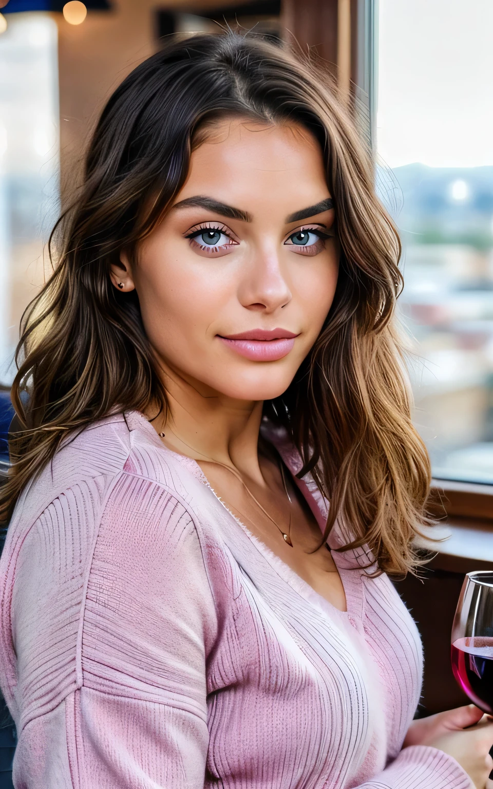 Belle brune aux reflets blonds, (22 ans, visage innocent, natural wavy hair, yeux bleus), ((wearing
pink sweater)), (sipping wine inside a modern pub at sunset), very detailed, 21 years old, innocent face, natural wavy hair, blue eyes, high resolution, masterpiece, best quality, intricate details, highly detailed, sharp focus, detailed skin, realistic skin texture, texture, detailed eyes, professional, 4k, charming smile, shot on Canon, 85mm, shallow depth of field, kodak vision color, perfect fit body, extremely detailed, foto_\(ultra\), photorealistic, realistic, post-processing, maximum detail, roughness, real life, ultra realistic, photorealism, photography, 8k uhd, photography INFO