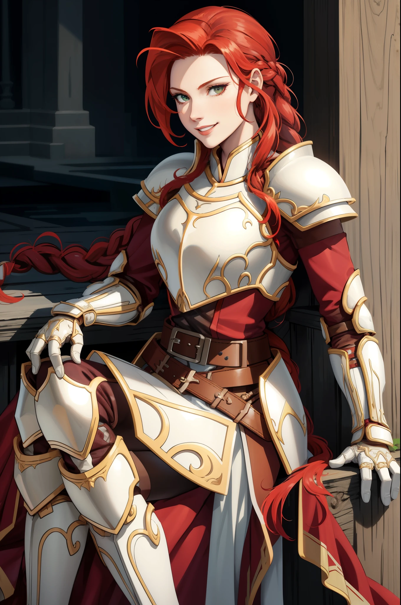 masterpiece, best quality, titania, braided ponytail, armor, red dress, belt, gauntlets, gloves, armored boots, from side, sitting, log, looking at viewer, smile 