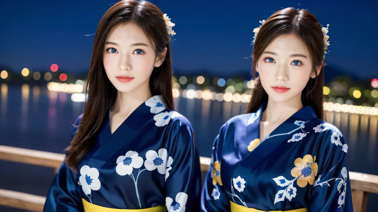 ((masterpiece, highest quality, super fine, High resolution)), 8K. alone, beautiful girl, shining eyes, perfect eyes, beautiful sister of Japan, blue theme, Yukata, Night fireworks on background,written boundary depth