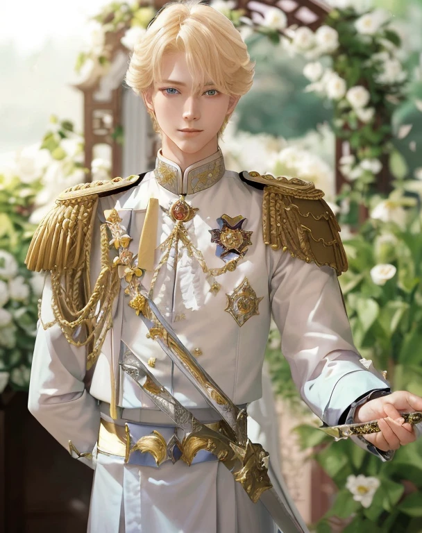 a man in a uniform with a sword and a sword, delicate androgynous prince, beautiful androgynous prince, portrait of magical blond prince, handsome prince, inspired by Li Chevalier, renaissance prince, handsome guy in demon slayer art, the flower prince, highly detailed exquisite fanart, royal elegant pose, royal attire akira, casimir art Smiling gently 